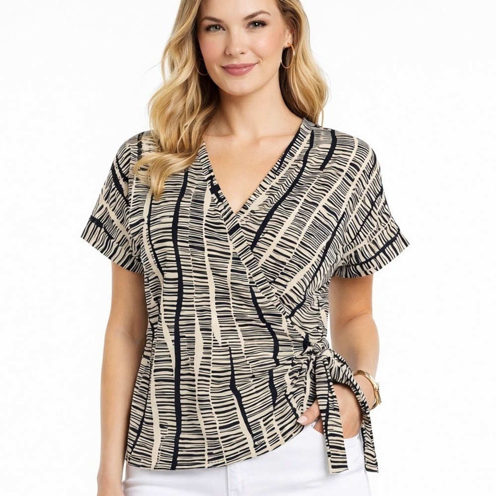 Nine West Wrap Top Black Beige Geometric Cotton Professional Blouse Large‎